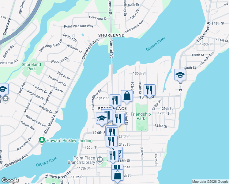 map of restaurants, bars, coffee shops, grocery stores, and more near 5536 299th Street in Toledo