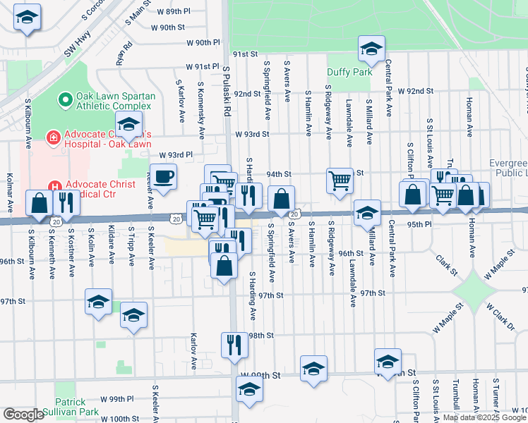 map of restaurants, bars, coffee shops, grocery stores, and more near 3900 West 95th Street in Evergreen Park