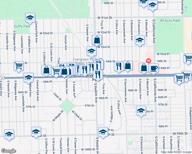 map of restaurants, bars, coffee shops, grocery stores, and more near West 95th Street & South Kedzie Avenue in Evergreen Park