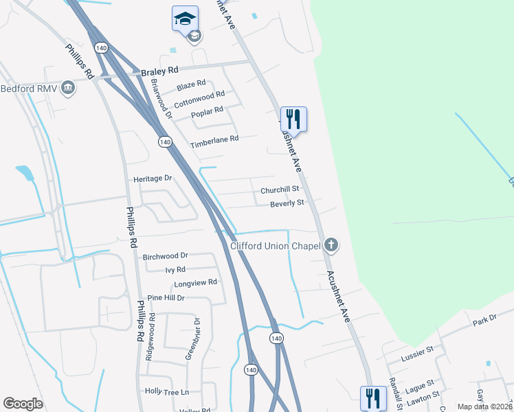 map of restaurants, bars, coffee shops, grocery stores, and more near 515 Barnard Street in New Bedford