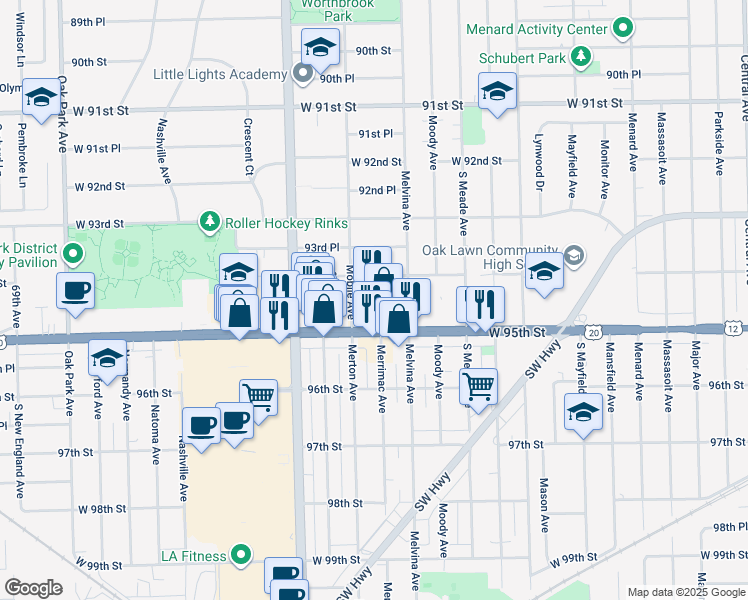 map of restaurants, bars, coffee shops, grocery stores, and more near 9413 Mobile Avenue in Oak Lawn