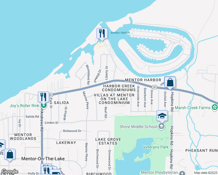 map of restaurants, bars, coffee shops, grocery stores, and more near 8050 Harbor Creek Drive in Mentor-on-the-Lake