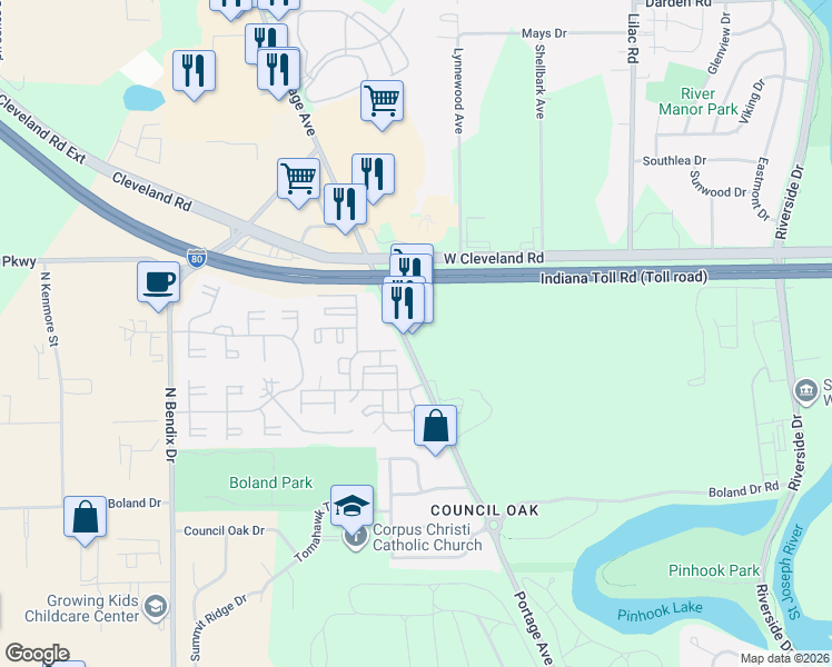 map of restaurants, bars, coffee shops, grocery stores, and more near 3302 Portage Avenue in South Bend