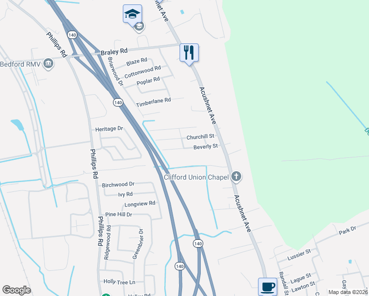 map of restaurants, bars, coffee shops, grocery stores, and more near 515 Barnard Street in New Bedford