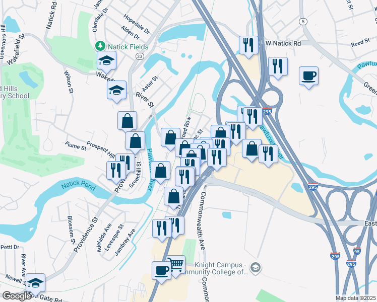 map of restaurants, bars, coffee shops, grocery stores, and more near 76 Railroad Row in Warwick