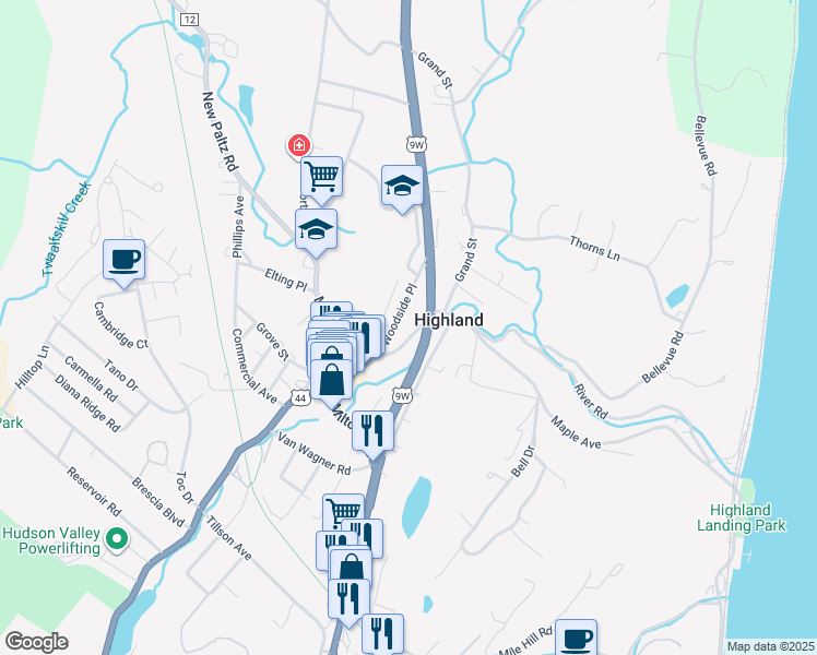 map of restaurants, bars, coffee shops, grocery stores, and more near 15 Woodside Place in Highland