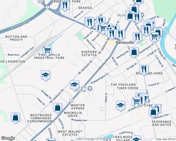 map of restaurants, bars, coffee shops, grocery stores, and more near 267 West Jackson Street in Painesville