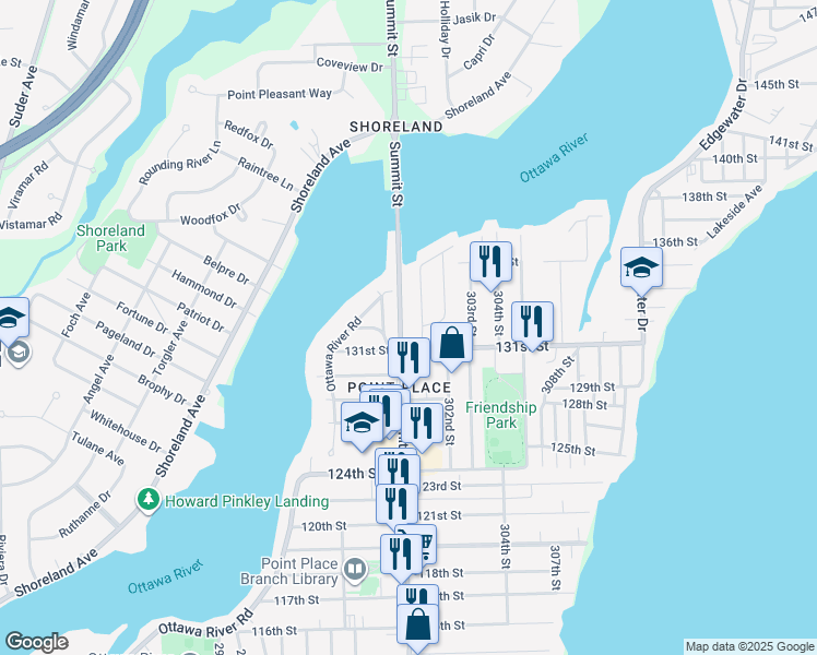 map of restaurants, bars, coffee shops, grocery stores, and more near 5536 299th Street in Toledo