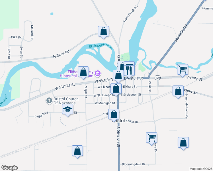 map of restaurants, bars, coffee shops, grocery stores, and more near 207 East Vistula Street in Bristol