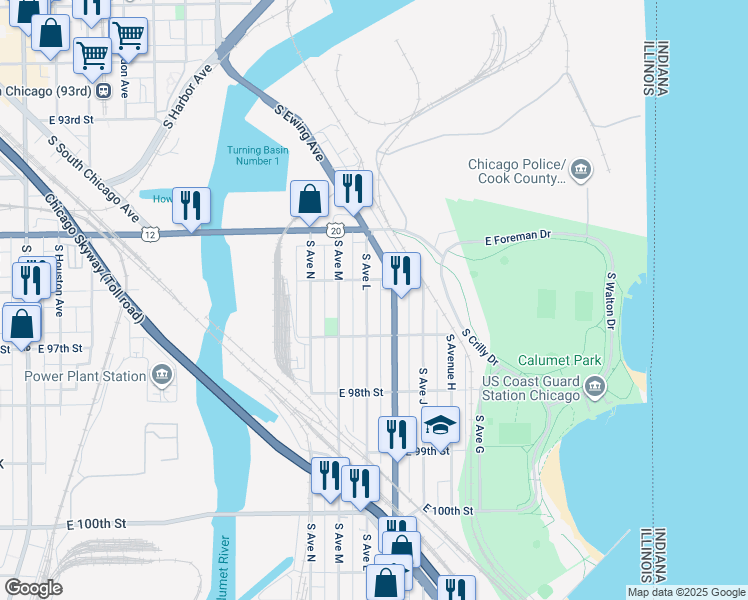 map of restaurants, bars, coffee shops, grocery stores, and more near 9610 South Ewing Avenue in Chicago