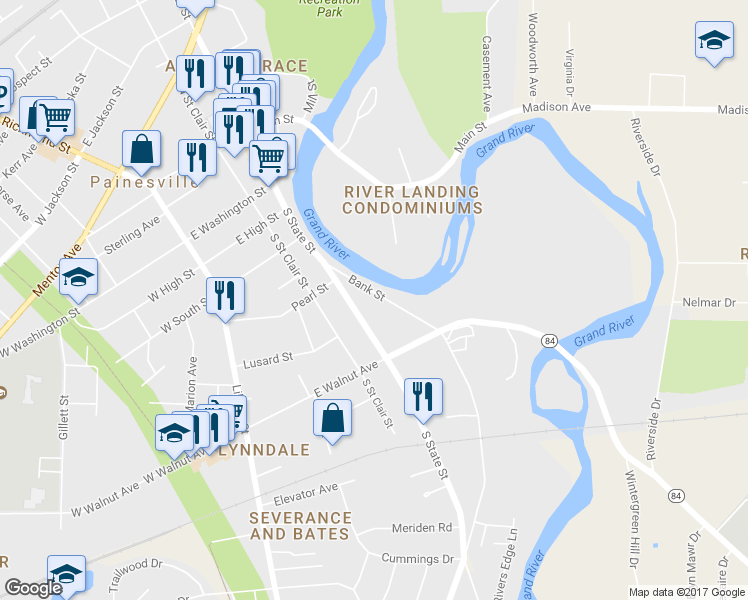map of restaurants, bars, coffee shops, grocery stores, and more near 324 Bank Street in Painesville