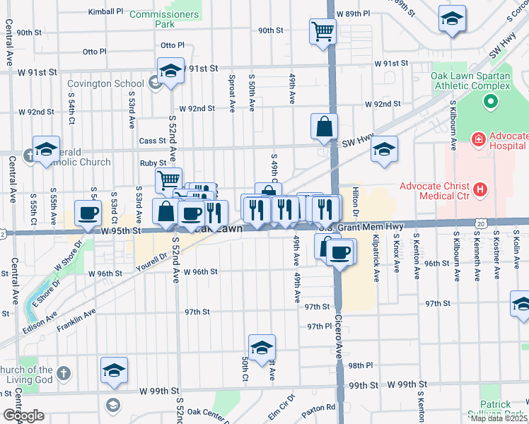 map of restaurants, bars, coffee shops, grocery stores, and more near 4941 Columbus Drive in Oak Lawn