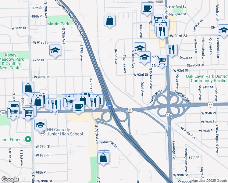 map of restaurants, bars, coffee shops, grocery stores, and more near 9400 Beloit Avenue in Bridgeview