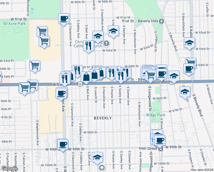 map of restaurants, bars, coffee shops, grocery stores, and more near 2116 W 95th St in Chicago