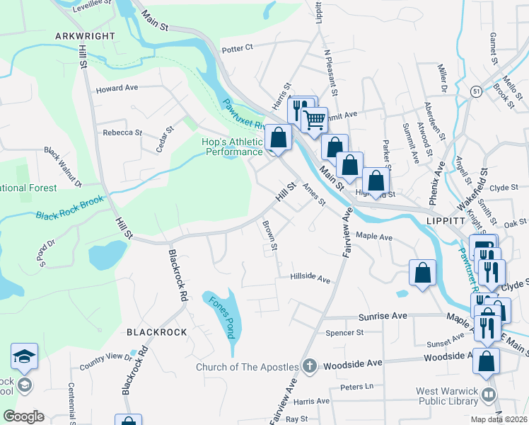 map of restaurants, bars, coffee shops, grocery stores, and more near 472 Hill Street in Coventry