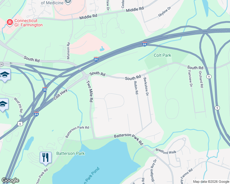 map of restaurants, bars, coffee shops, grocery stores, and more near 9 Holmes Circle in Farmington
