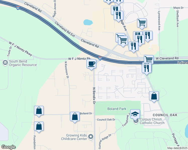 map of restaurants, bars, coffee shops, grocery stores, and more near 3206 Sugar Maple Lane in South Bend