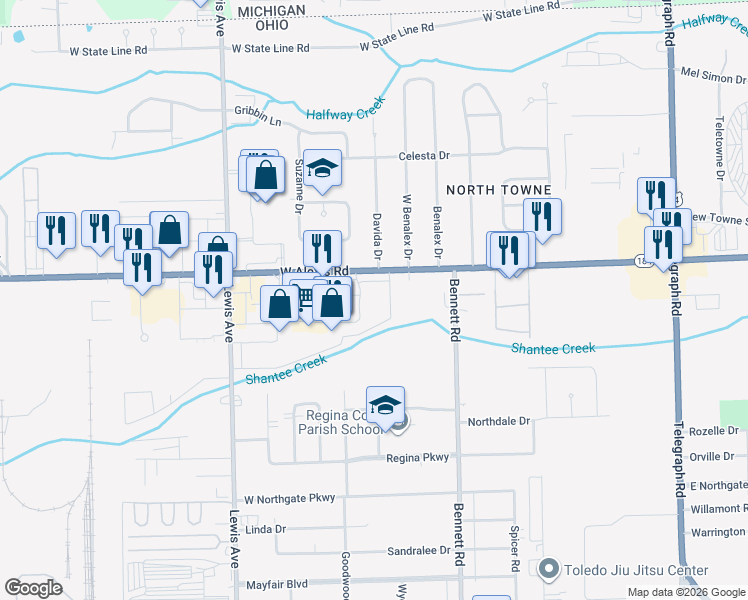 map of restaurants, bars, coffee shops, grocery stores, and more near 817 West Alexis Road in Toledo