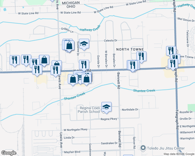 map of restaurants, bars, coffee shops, grocery stores, and more near 817 West Alexis Road in Toledo