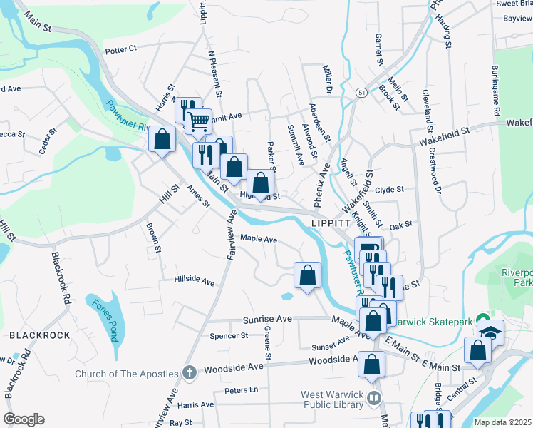 map of restaurants, bars, coffee shops, grocery stores, and more near 770 Main Street in West Warwick