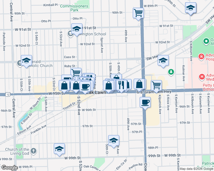 map of restaurants, bars, coffee shops, grocery stores, and more near 5019 B Columbus Drive in Oak Lawn