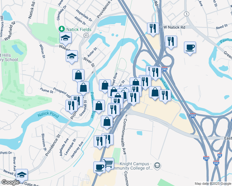map of restaurants, bars, coffee shops, grocery stores, and more near 76 Railroad Row in Warwick