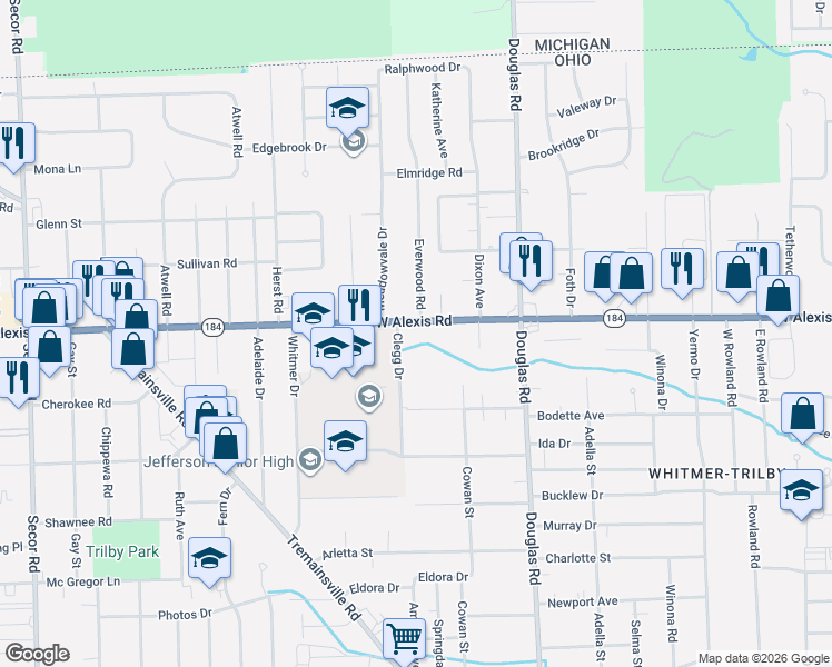 map of restaurants, bars, coffee shops, grocery stores, and more near 2627 Ohio 184 in Toledo