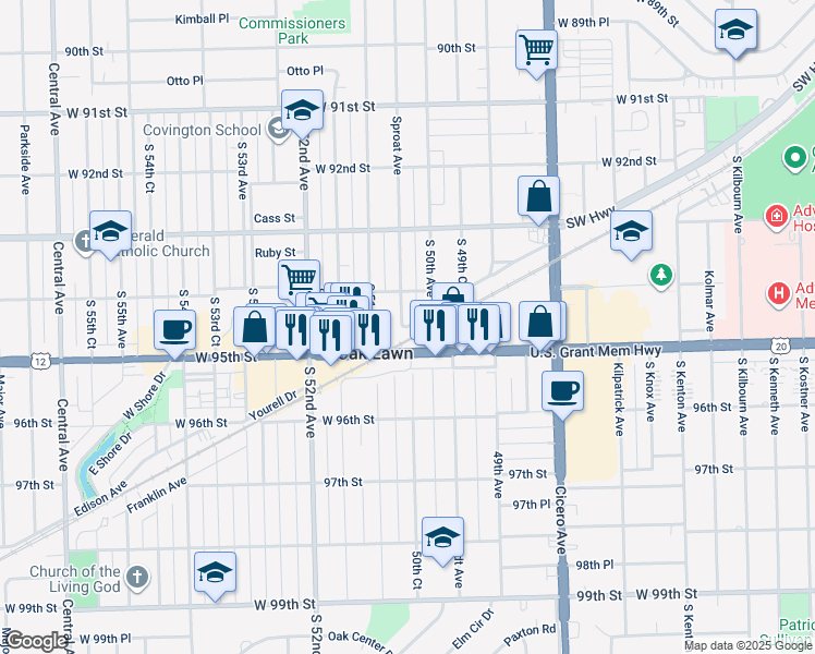 map of restaurants, bars, coffee shops, grocery stores, and more near 6438 Columbus Drive in Oak Lawn
