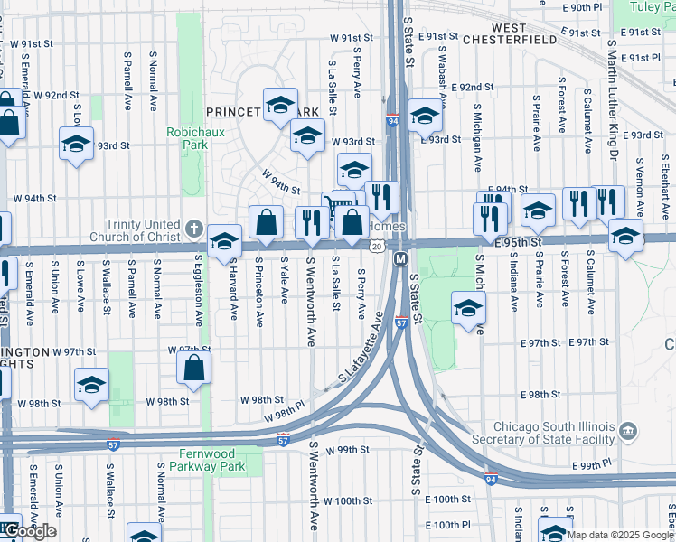 map of restaurants, bars, coffee shops, grocery stores, and more near 9537 South La Salle Street in Chicago