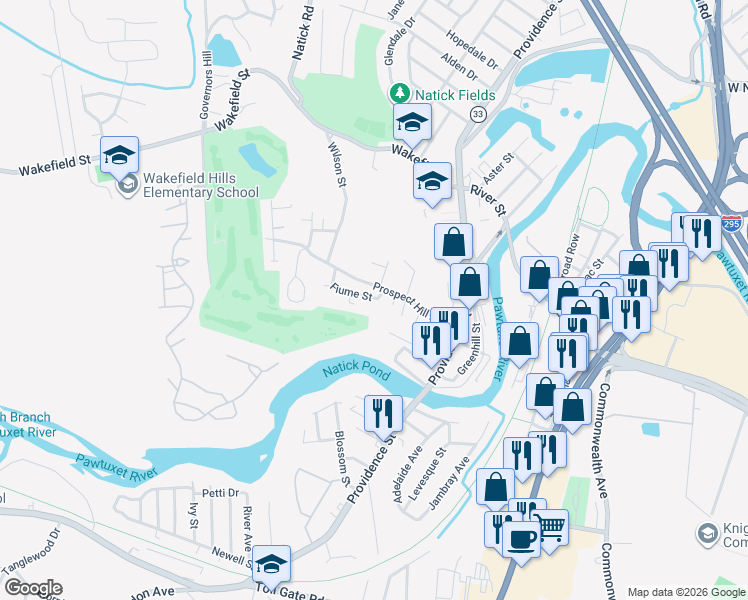 map of restaurants, bars, coffee shops, grocery stores, and more near 22 Fiume Street in West Warwick