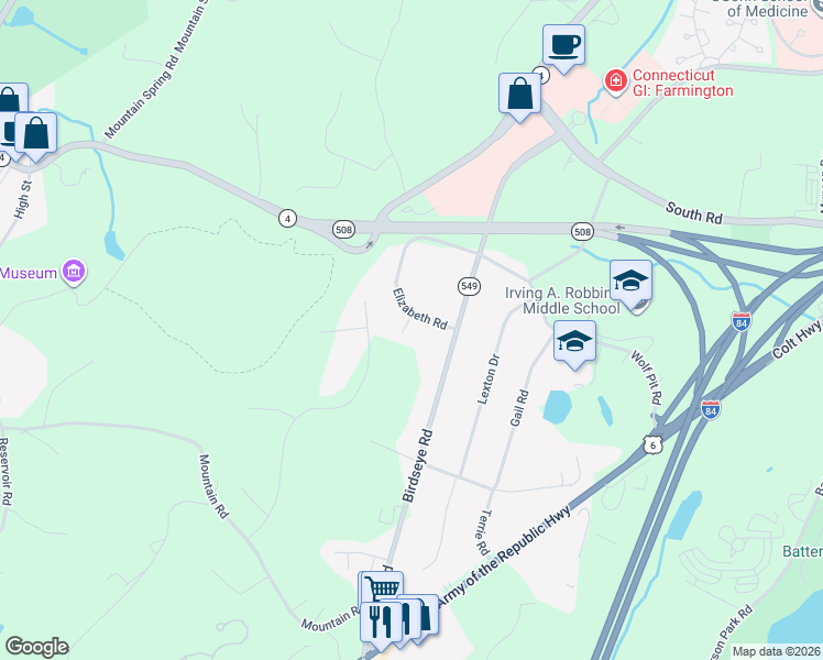 map of restaurants, bars, coffee shops, grocery stores, and more near 3 Irene Lane in Farmington
