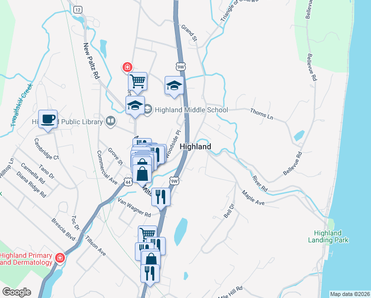 map of restaurants, bars, coffee shops, grocery stores, and more near Route 9W in Highland
