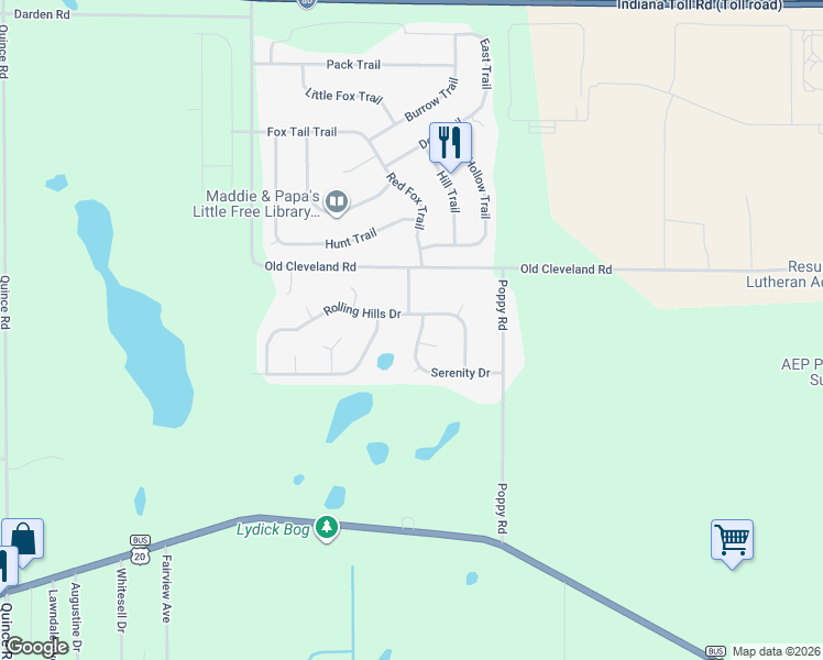 map of restaurants, bars, coffee shops, grocery stores, and more near 53117 Turning Leaf Drive in South Bend