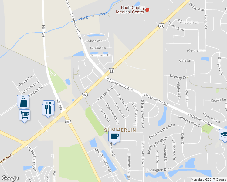 map of restaurants, bars, coffee shops, grocery stores, and more near 1877 Eastwick Lane in Aurora