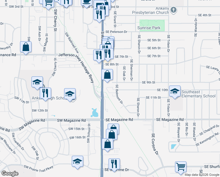 map of restaurants, bars, coffee shops, grocery stores, and more near 901 South Ankeny Boulevard in Ankeny