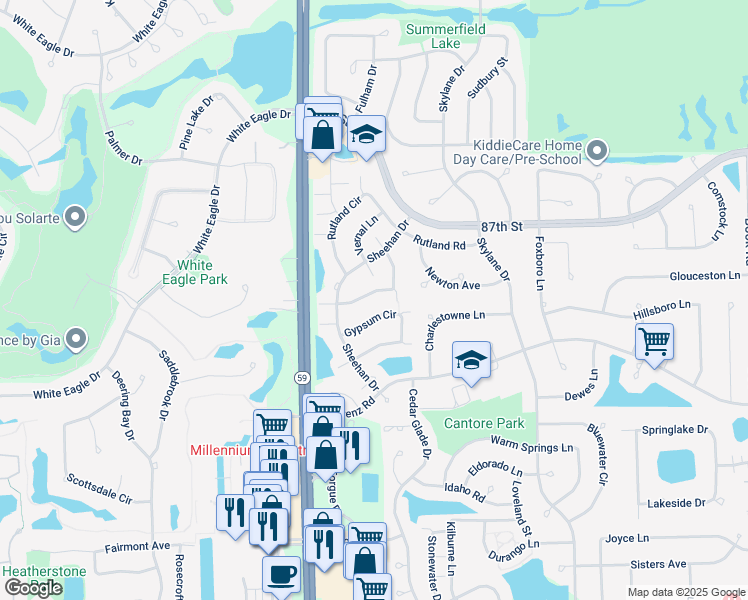 map of restaurants, bars, coffee shops, grocery stores, and more near 2947 White Thorn Circle in Naperville