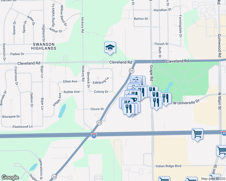 map of restaurants, bars, coffee shops, grocery stores, and more near 16801 Colony Drive in South Bend