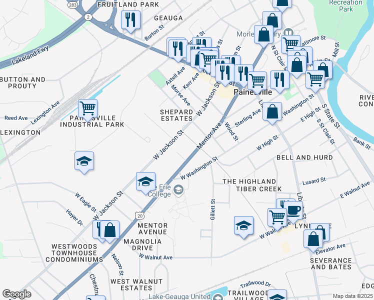 map of restaurants, bars, coffee shops, grocery stores, and more near 267 West Jackson Street in Painesville