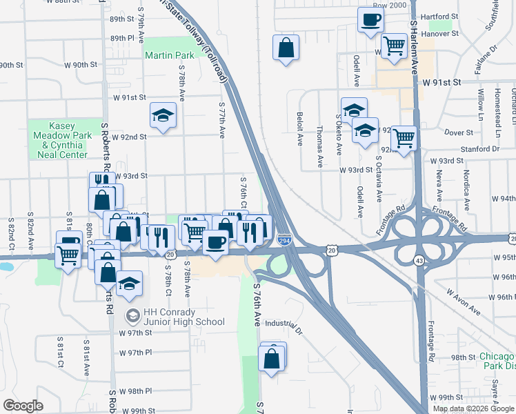 map of restaurants, bars, coffee shops, grocery stores, and more near 9336 South 76th Avenue in Oak Lawn
