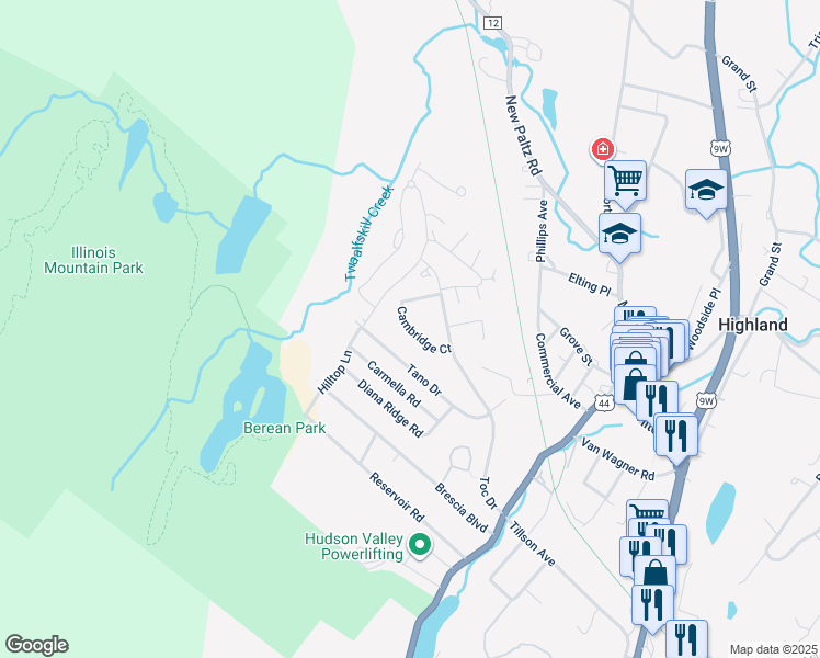 map of restaurants, bars, coffee shops, grocery stores, and more near 20 Cambridge Court in Highland