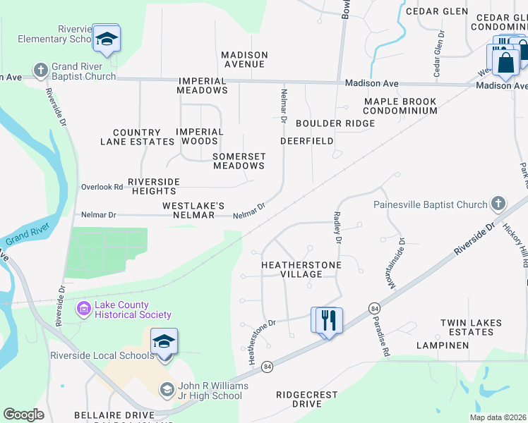 map of restaurants, bars, coffee shops, grocery stores, and more near 330 Nelmar Drive in Painesville