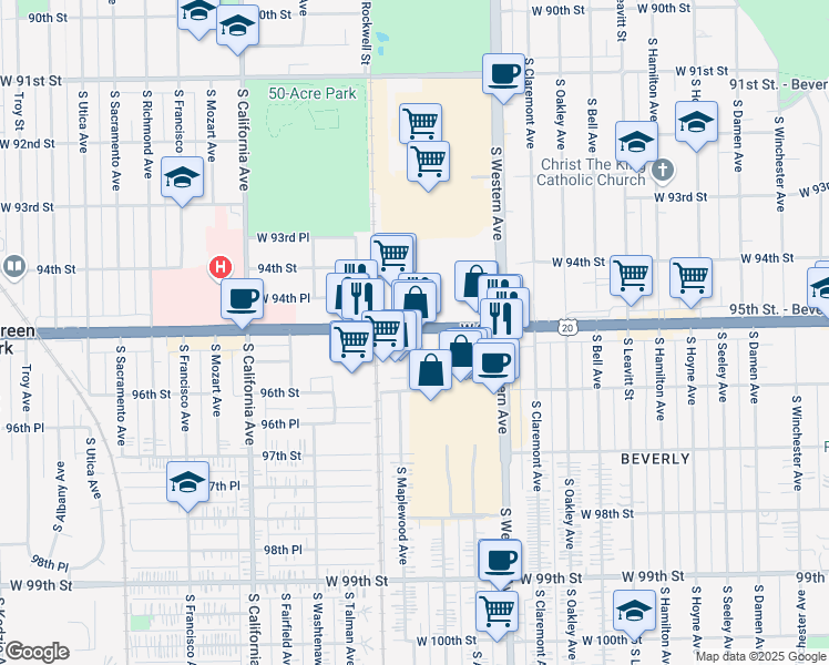 map of restaurants, bars, coffee shops, grocery stores, and more near 2515 95th Street in Evergreen Park