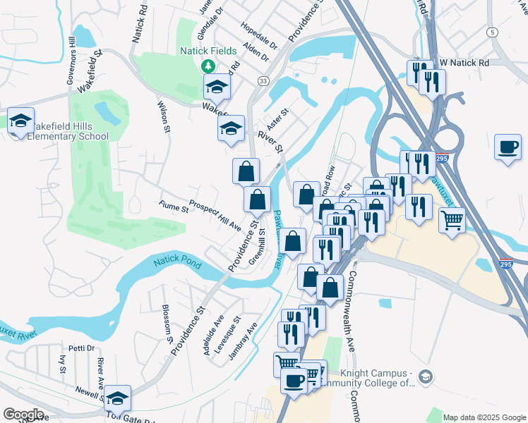 map of restaurants, bars, coffee shops, grocery stores, and more near 747 Providence Street in West Warwick