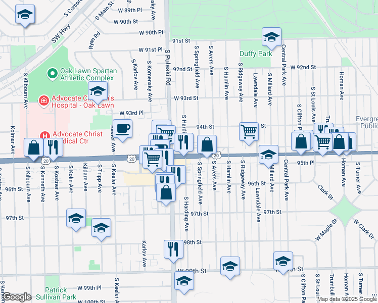 map of restaurants, bars, coffee shops, grocery stores, and more near 9453 South Harding Avenue in Evergreen Park