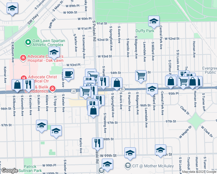 map of restaurants, bars, coffee shops, grocery stores, and more near 9453 South Harding Avenue in Evergreen Park