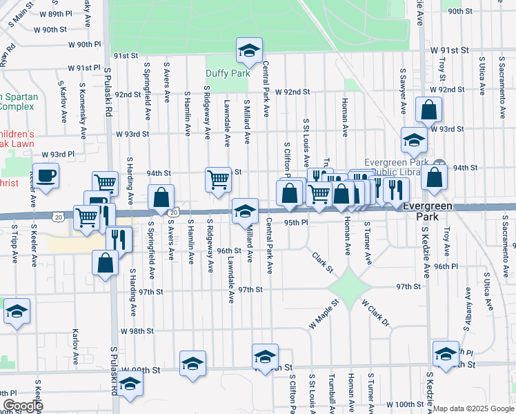 map of restaurants, bars, coffee shops, grocery stores, and more near 3600 West 95th Street in Evergreen Park
