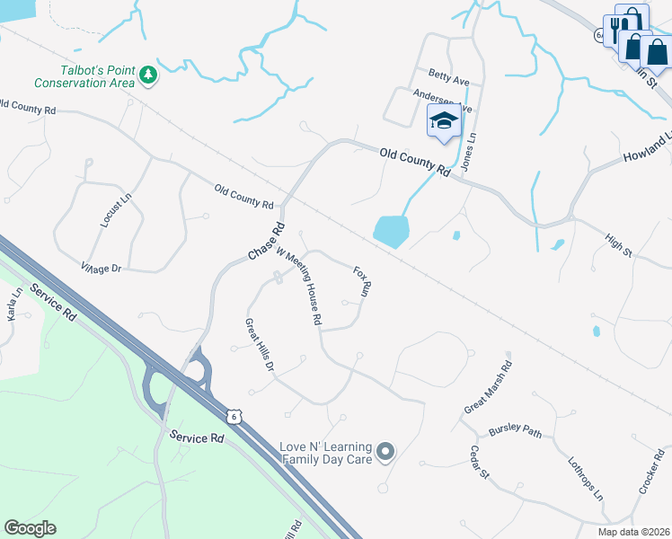 map of restaurants, bars, coffee shops, grocery stores, and more near 6 Fox Run in Sandwich