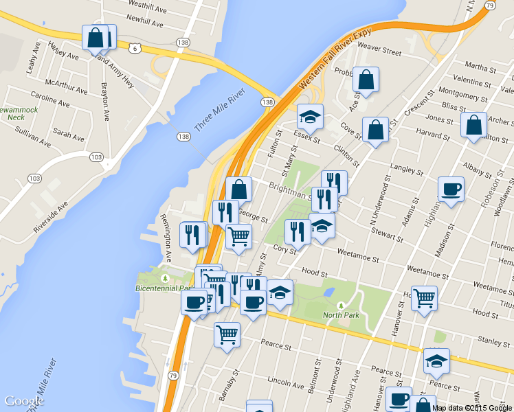 map of restaurants, bars, coffee shops, grocery stores, and more near 44 Morton Street in Fall River