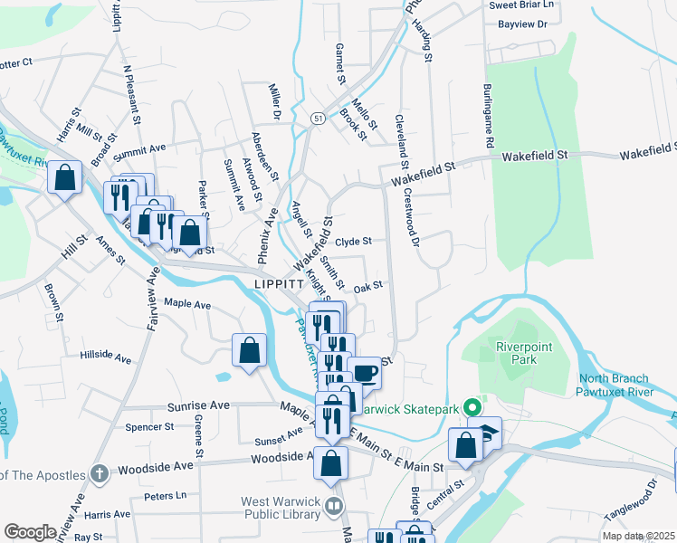 map of restaurants, bars, coffee shops, grocery stores, and more near 17 Harmony Street in West Warwick