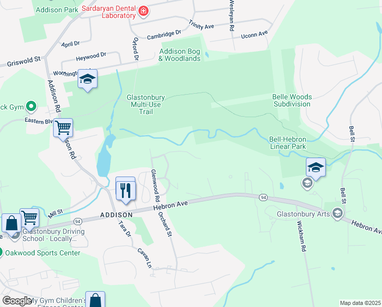map of restaurants, bars, coffee shops, grocery stores, and more near 24 Stony Brook Drive in Glastonbury